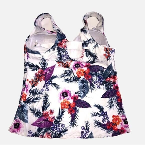 Swimsuits For All Size 8 Tropical Floral Tankini Top White Purple Ruched - Picture 3 of 7